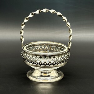 Glass or Nut Condiment Bowl in Silverplate Basket Holder with Twisted Handle Marked England | Small Vintage Jam Dish