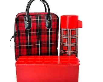 Plaid Aladdin Picnic Bag 3 Piece Set | Plaid Thermos Sandwich Keeper | MCM Red and Black Picnic Bag