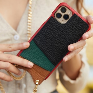 Card Holder Phone Case Full Grain Leather, Personalized iPhone Case with Detachable Strap, Crossbody iPhone Case with Card Holder image 2