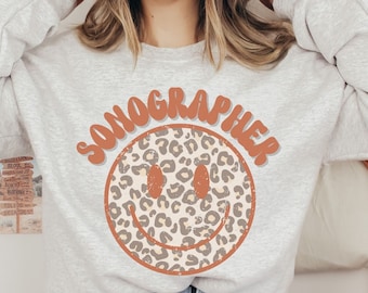 Sonographer Sweatshirt Retro Ultrasound Tech Oversized Sweater Cute Leopard Print Crewneck Gift for Sonography Technician Technologist
