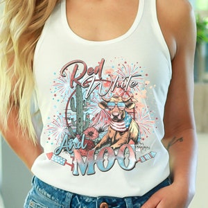 4th of July Tank Top Funny Farm Cow Racerback Tank Fourth of July Western Graphic Tee Cowgirl Apparel American Cowboy Trendy Clothes Cute
