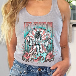 Freedom Tank Top Patriotic Cowgirl 4th of July Racerback Tank American Cowboy Western Graphic Tee Trendy Clothes Cowgirl Apparel Aesthetic