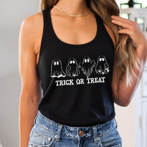 Trick or Treat Tank Top Cute Ghost Racerback Tank Funny Halloween Ghost Tank Vintage Horror Graphic Tee for Halloween Party Trendy Clothes