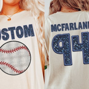Custom Baseball Shirt Personalized Mom Tshirt Cute Baseball Season Tee Game Day Comfort Colors Navy Blue Faux Sequin Faux Embroidery Gift