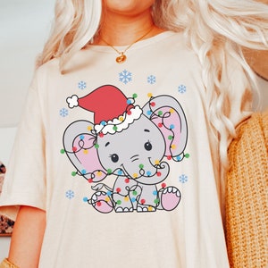 Elephant Christmas Shirt Funny Xmas Lights Tshirt Cute Zoo Animal Tee Trendy Holiday Apparel for Winter Comfort Colors Aesthetic Clothing