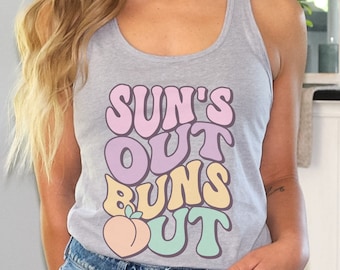 Sun's Out Buns Out Tank Top Cute Beachy Racerback Funny Coconut VSCO Girl Tee Trendy Summer Aesthetic Clothing Gift for Her Vacation Trip