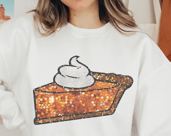 Pumpkin Pie Sweatshirt Funny Thanksgiving Oversized Sweater Cute Preppy Slice of Pie Crewneck for Fall Faux Sequin Trendy Aesthetic Clothing