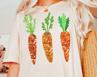 Cute Easter Shirt Funny Carrots Tshirt Spring Holiday Tee for Family Party Trendy Aesthetic Clothing Comfort Colors Faux Sequins Glitter