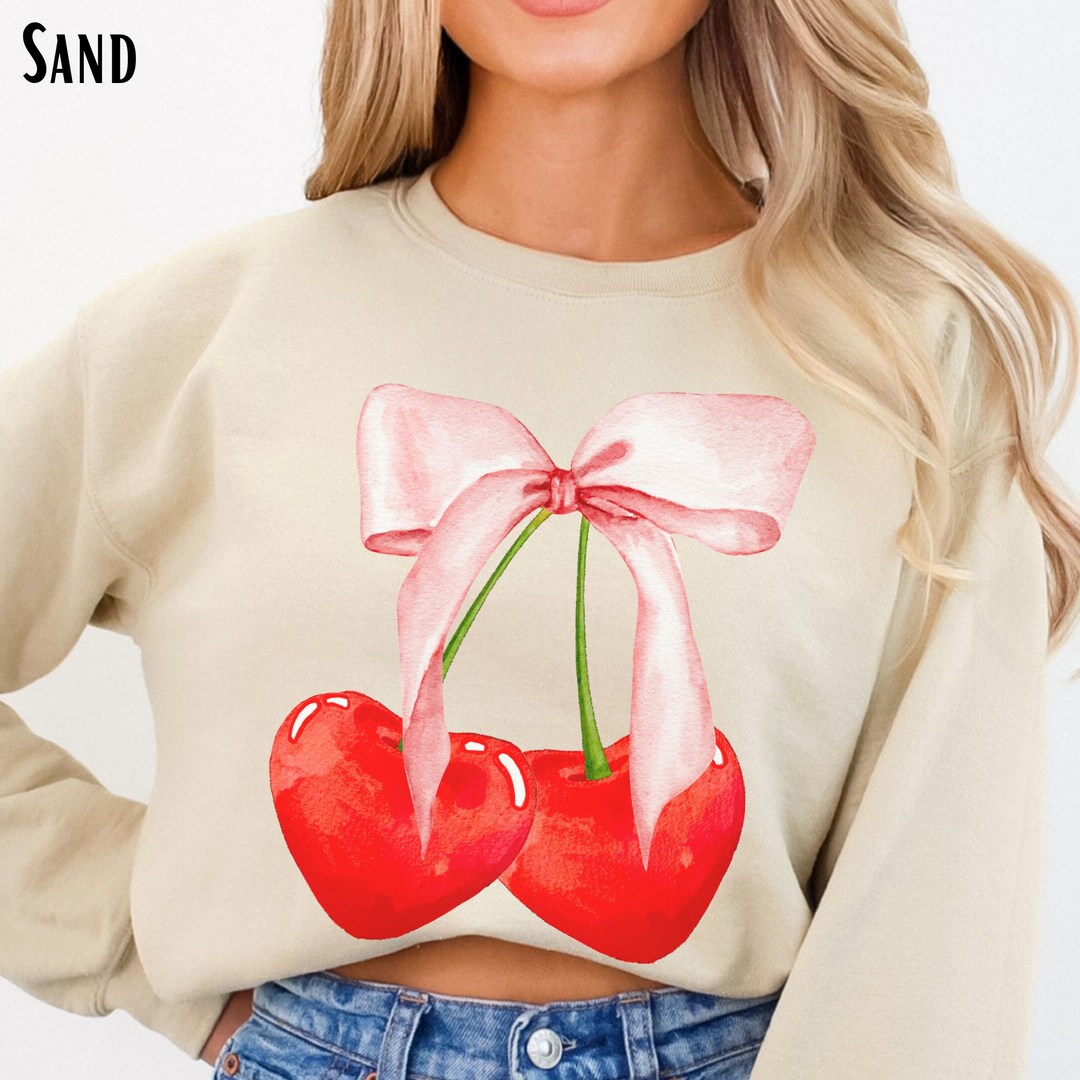 Coquette Cherries Sweatshirt Cute Hearts and Bow Sweater Retro Soft