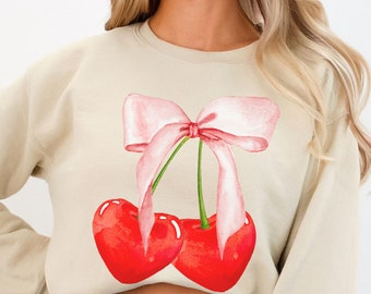 Coquette Cherries Sweatshirt Cute Hearts and Bow Sweater Retro Soft Girl Era Crewneck Preppy Pink Ribbon Trendy Gift for Valentine's Day