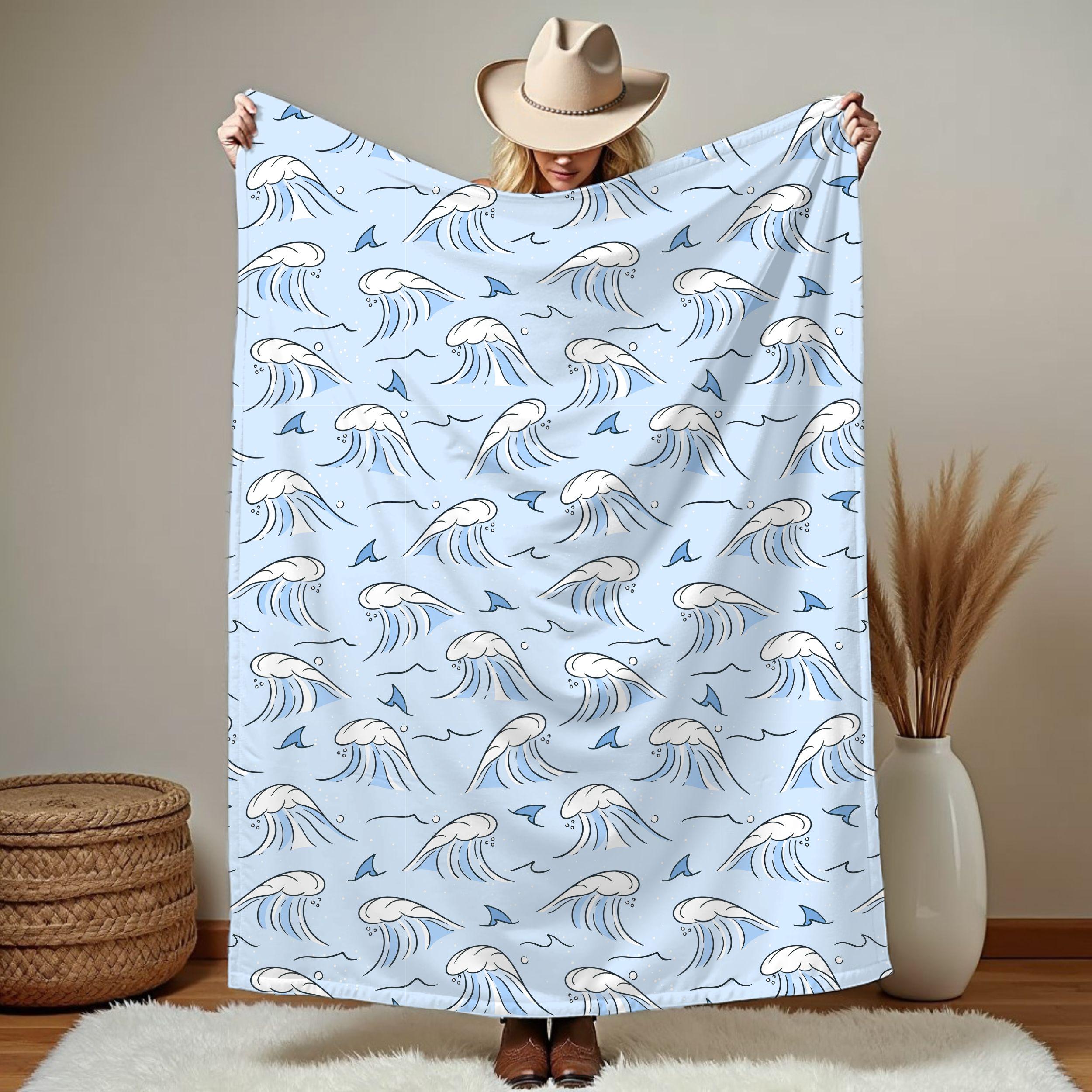 Ocean Waves Blanket Cute Shark Fin Throw Beachy Summer Season