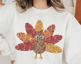 Cute Turkey Sweatshirt Funny Thanksgiving Oversized Sweater Preppy Crewneck for Fall Faux Sequin Holiday Apparel Trendy Aesthetic Clothing