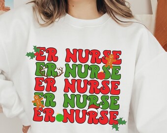 ER Nurse Christmas Sweatshirt Emergency Room Retro Xmas Sweater Cute Nursing Crewneck for Winter Gift for ER Nurse Trendy Clothes Aesthetic