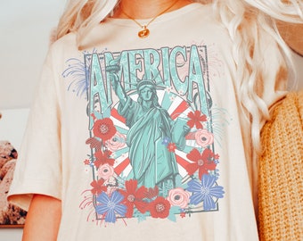 America Statue of Liberty Shirt Cute 4th of July Tshirt Retro Patriotic United States USA Tee Preppy Trendy Fourth Aesthetic Comfort Colors