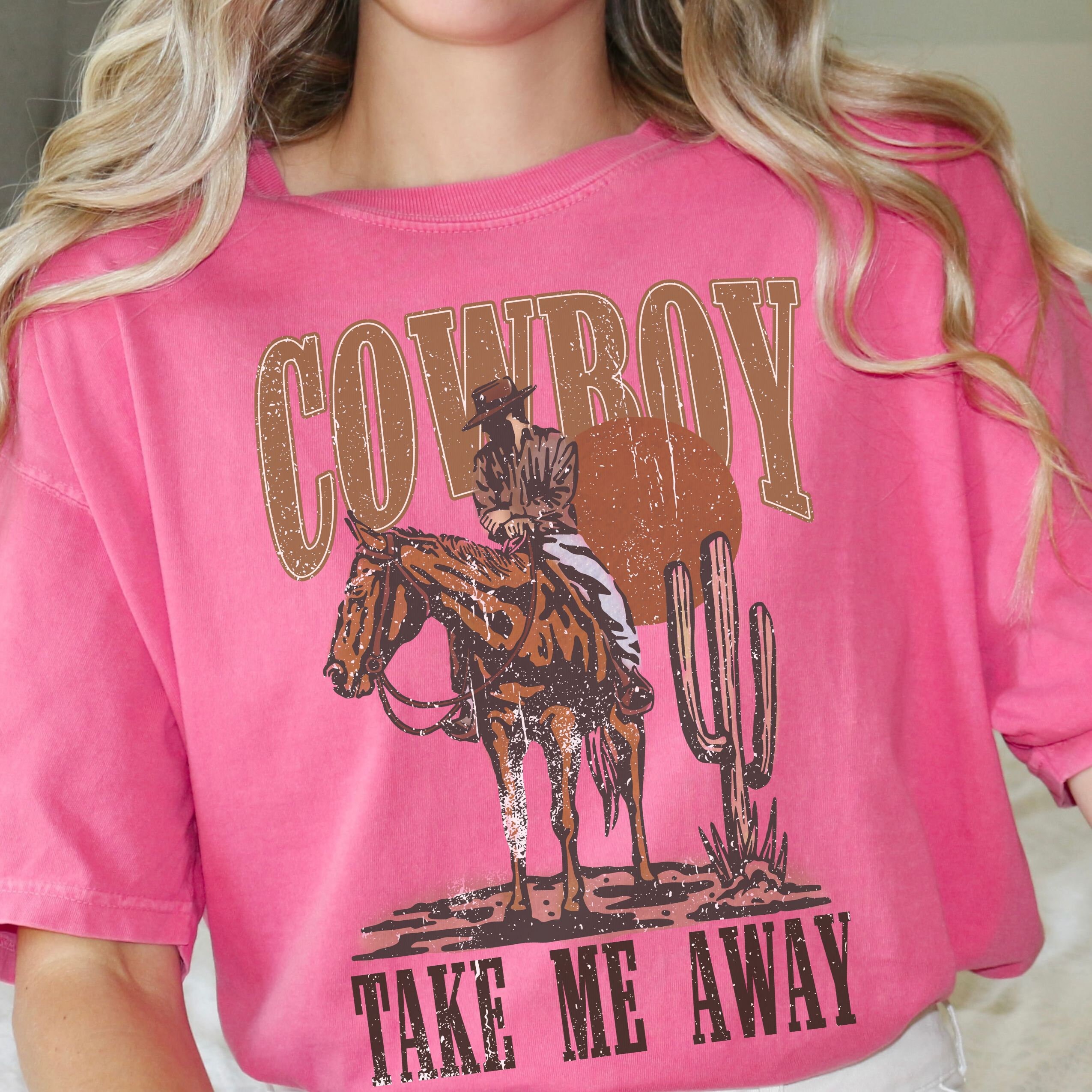 Maglietta Donna Con Scritta 'Take Me Away' – Stile Cowboy Vintage, Stampa Azteca Occidentale, Manica Corta