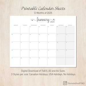 2025 Printable Monthly Calendar Sheets | Sunday and Monday Start | PDF Letter A4 A3 Digital Calendar