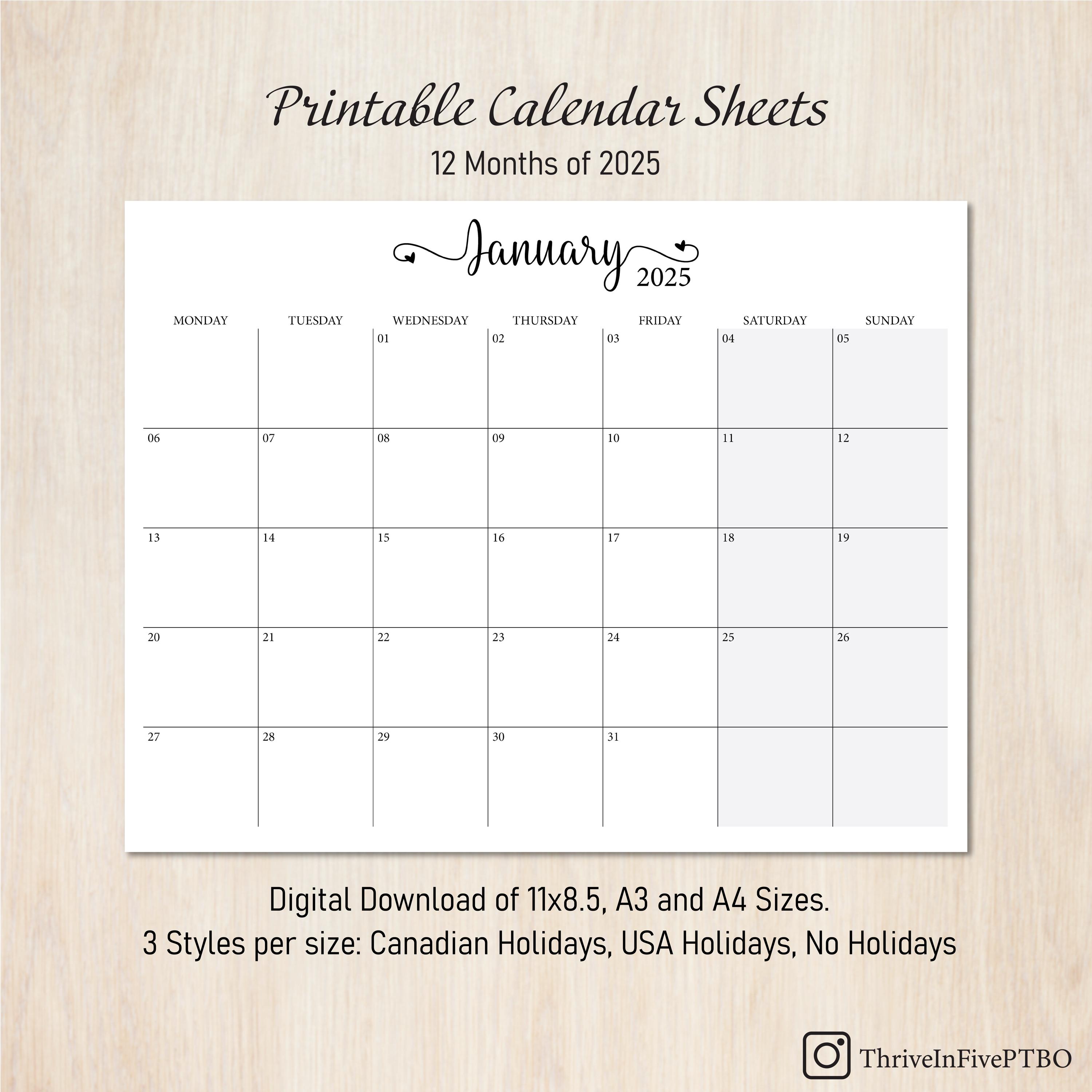 2025 Printable Monthly Calendar Sheets | Sunday and Monday Start | PDF