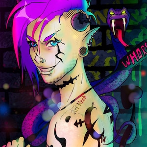 May include: A digital illustration of a person with purple hair and horns, wearing a necklace with the words "Art Reed" on it. The person has a snake wrapped around their arm and a tattoo on their shoulder. The background is a brick wall with graffiti that says "WHORE".
