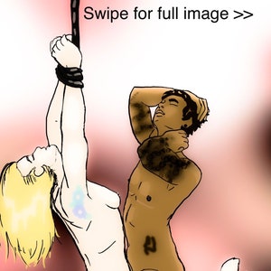 Rette das Pferd, reite mit einem Trans Mädchen | Transgender Mann & Frau Anime Zeichnung | Bondage BDSM Kunstdruck in Farbe LGBTQ Interrassisch Paar