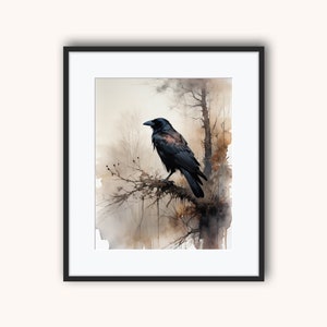 Black Crow | Crow Art Print, Vintage Style Painting, Dark Academia, Black Raven, Gothic Printable, Digital Download