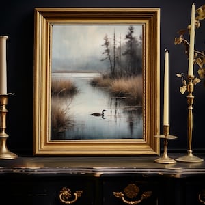 Black Loon Digital Download, Cottagecore Bird Art Print, Vintage Style Painting, Dark Academia, Loon Swimming, Lake House Art Print