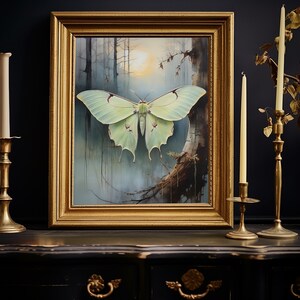 Luna Moth / Dark Cottagecore Print, Pintura de estilo vintage, Academia oscura, Pintura de polilla, Impresión de polilla Luna, Arte de polilla lunar, Descarga ditigal