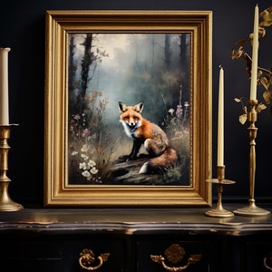 Red Fox Digital Download, Cottagecore Fox Art Print, Vintage Style Painting, Dark Academia,  Forest Art Print, Whimsical Nature Art Print