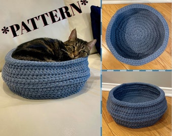 Double Braid Deep Basket Cat or Small Dog Bed - Easy Crochet PATTERN ONLY