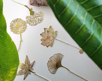 Lotus / Gingko / Dahlia Leaf Golden Hollow Metal Bookmarks With Chain - Homemade Brass Bookmark