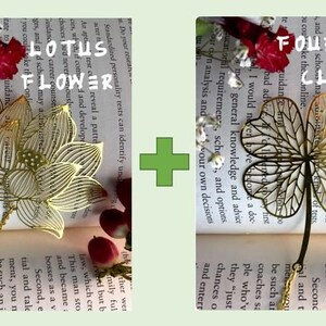 Lotus / Gingko / Dahlia Leaf Golden Hollow Metal Bookmarks With Chain - Homemade Brass Bookmark 1-Lotus + 1-Clover