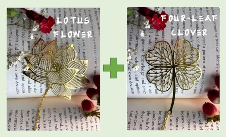 Lotus / Gingko / Dahlia Leaf Golden Hollow Metal Bookmarks With Chain - Homemade Brass Bookmark 1-Lotus + 1-Clover