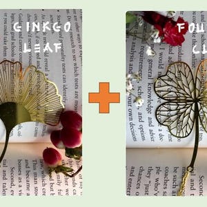 Lotus / Gingko / Dahlia Leaf Golden Hollow Metal Bookmarks With Chain - Homemade Brass Bookmark 1-Ginkgo + 1-Clover