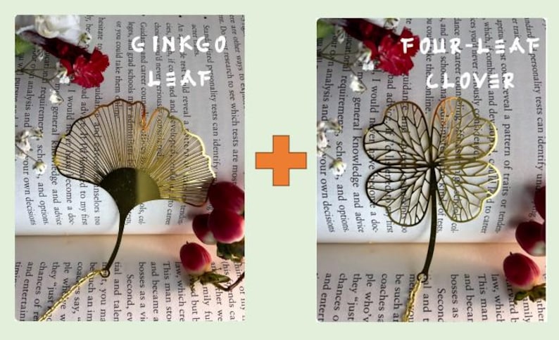 Lotus / Gingko / Dahlia Leaf Golden Hollow Metal Bookmarks With Chain - Homemade Brass Bookmark 1-Ginkgo + 1-Clover