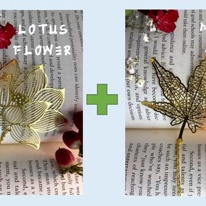Lotus / Gingko / Dahlia Leaf Golden Hollow Metal Bookmarks With Chain - Homemade Brass Bookmark 1-Lotus + 1-Maple