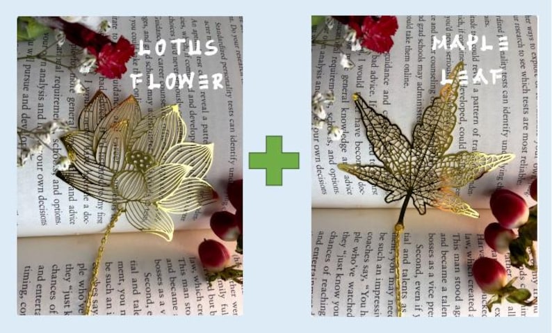 Lotus / Gingko / Dahlia Leaf Golden Hollow Metal Bookmarks With Chain - Homemade Brass Bookmark 1-Lotus + 1-Maple