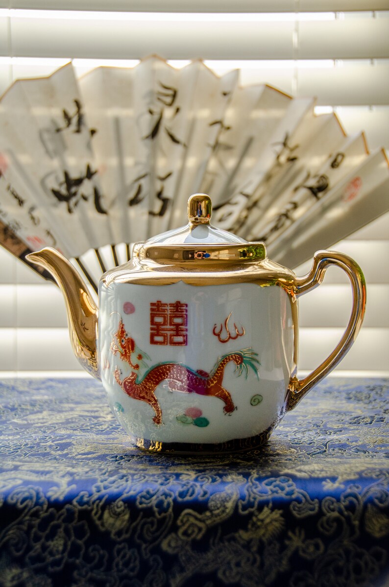 Chinese Tea Pot and Tea Cup Set, Porcelain Tea Set W/vintage Plate, Tea