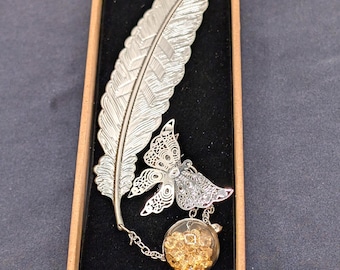 Feather Metal Bookmarks With Beads and Butterfly Pendant - Homemade Brass Bookmark