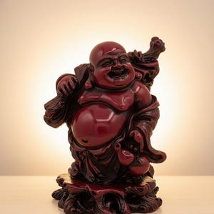 May include: A glossy, burgundy-colored Buddha statue. The figure is depicted smiling, with a large belly and traditional robes. It stands on a detailed, dark red base. The statue is a representation of a deity.