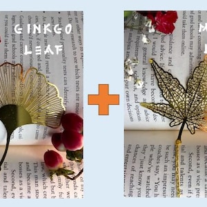 Lotus / Gingko / Dahlia Leaf Golden Hollow Metal Bookmarks With Chain - Homemade Brass Bookmark 1-Ginkgo + 1-Maple