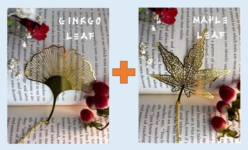 Lotus / Gingko / Dahlia Leaf Golden Hollow Metal Bookmarks With Chain - Homemade Brass Bookmark 1-Ginkgo + 1-Maple