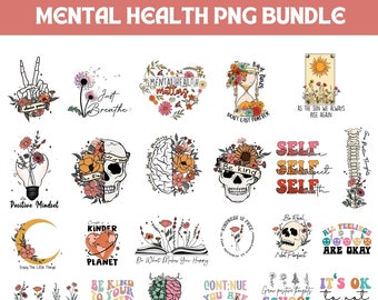 May include: A set of 20 digital illustrations featuring mental health awareness quotes and designs. The designs include a skull with flowers, a brain, a sunflower, a rainbow, and a lightbulb. The quotes include "Just Breathe", "Be Kind", "Mental Health Matters", "Self Love", "Self Respect", "Self Care", "Positive Mindset", "Kindness is Free", "All Feelings Are Okay", "It's Okay to Not Be Okay", "You Deserve the Love", "Make Yourself a Priority", "Treat People With Kindness", "Continue You Are Enough", "Tell Them You Love Them", "The World is a Better Place With You in It", "Grow Positive Thoughts", "The Sun Will Rise and We'll Try Again", "Enjoy the Little Things", "Mental Health is Just as Important as Physical Health".