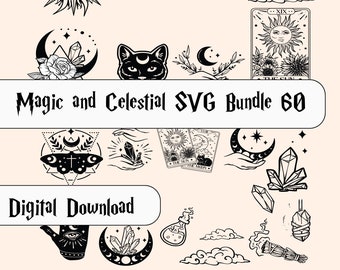 May include: A digital download bundle of 60 black and white SVG files featuring celestial and magical imagery. The images include moons, stars, crystals, cats, hands, moths, tarot cards, and more. The text "Magic and Celestial SVG Bundle 60" is displayed in a banner at the top of the image. The text "Digital Download" is displayed in a banner at the bottom of the image.