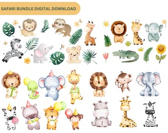 Safari Baby Animals Watercolor Clipart - Cute Baby Shower Nursery Decor- Birthday Baby Monkey Lion Giraffe Zebra Elephant PNG SVG Download