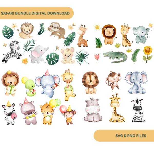 Safari Baby Animals Acquerello Clipart - Cute Baby Shower Nursery Decor - Compleanno Baby Monkey Lion Giraffe Zebra Elephant PNG SVG Download