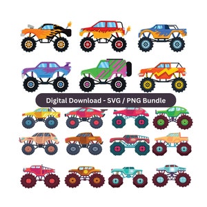 Monster Truck Bundle SVG PNG, Car Off Road Clipart, Red Blue Trucks, Kids Birthday Cake Topper Monster Jam Digital Download