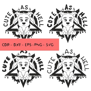 Puede incluir: Ilustración en blanco y negro de una cabra de dibujos animados linda con cuernos sentada dentro de un pentagrama con el texto "Cute as Hell" alrededor.