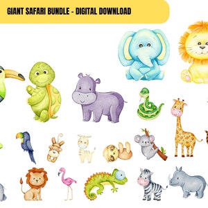 Mega Safari Animals Watercolor Clipart Bundle - Cute Baby Shower Nursery Decor- Birthday Monkey Lion Giraffe Zebra Elephant PNG Download