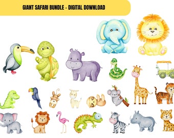 Pacote de imagens de animais da savana em aquarela – Decoração para quarto de bebê (Download PNG)