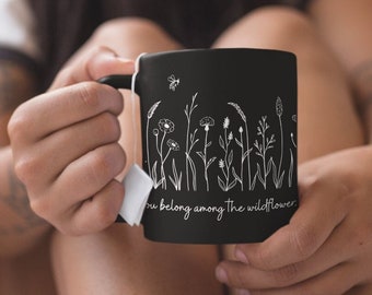 Wildflowers Black Ceramic Mug, Botanical Nature Tea Cup