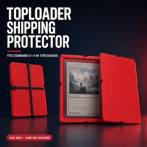 May include: A red plastic toploader shipping protector case designed for standard 3 x 4 inch toploaders. The case features a hinged design and a black elastic strap to secure the closure. The text reads TOPLOADER SHIPPING PROTECTOR.